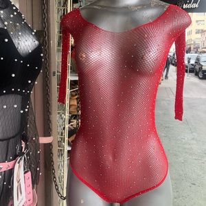 Red fishnet glitter leotard with sleeves
